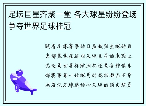 足坛巨星齐聚一堂 各大球星纷纷登场争夺世界足球桂冠