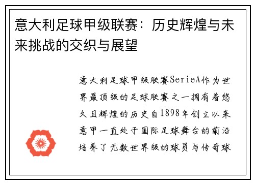 意大利足球甲级联赛：历史辉煌与未来挑战的交织与展望