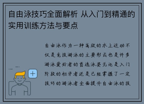 自由泳技巧全面解析 从入门到精通的实用训练方法与要点